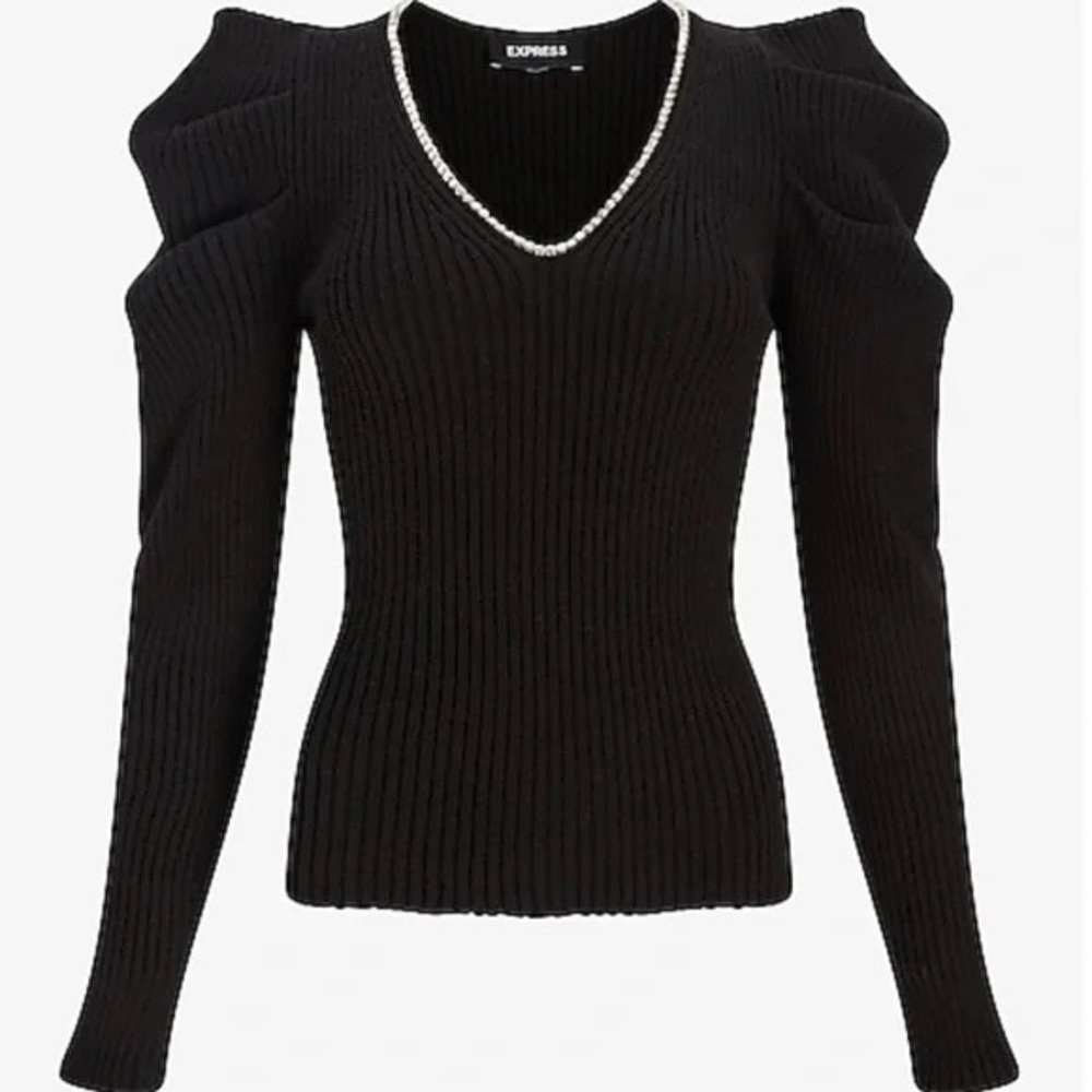 EXPRESS Women's Embellished V-Neck Puff Sleeve Sweater Top in Dark Grey/green